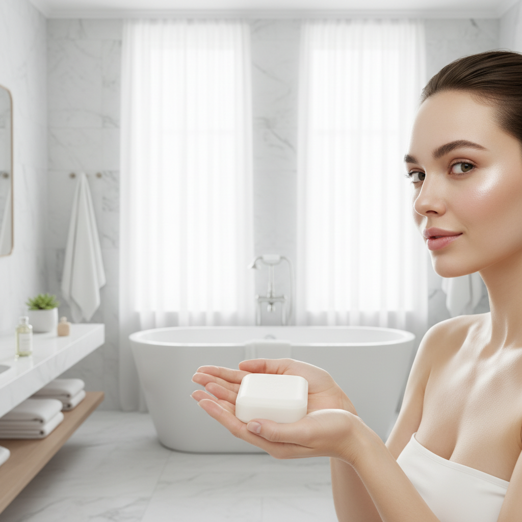 Femme à la peau lumineuse tenant le savon bio musc blanc dans une salle de bain claire et sophistiquée