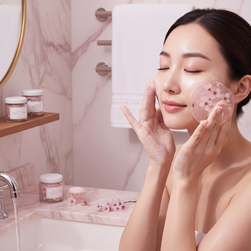 Femme à la peau lumineuse et nette utilisant le savon K-Beauty fleur de cerisier, atmosphère routine beauté coréenne