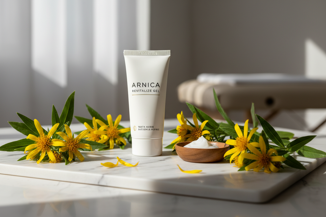  Gel arnica sportif naturel entouré de fleurs d'arnica montana – soulagement musculaire et articulaire rapide