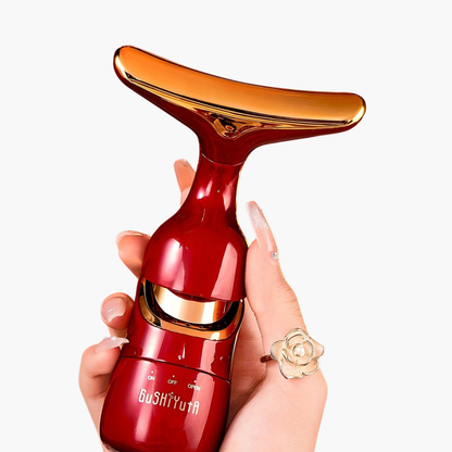 Dispositif massage facial 4 modes vibration rouge doré - Masseur beauté visage cou contour yeux - Appareil raffermissant anti-âge