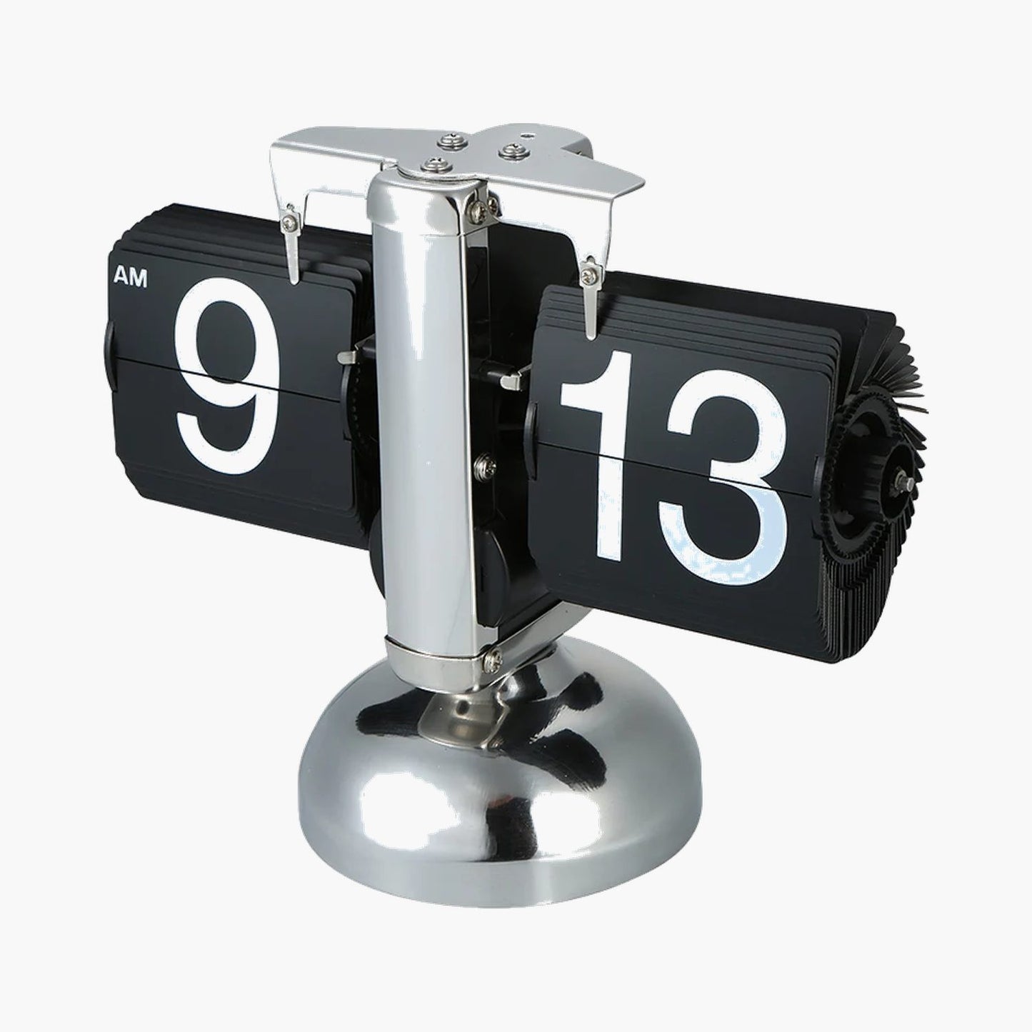 Horloge de table rétro à mécanisme flip avec engrenages internes visibles en acier inoxydable noir