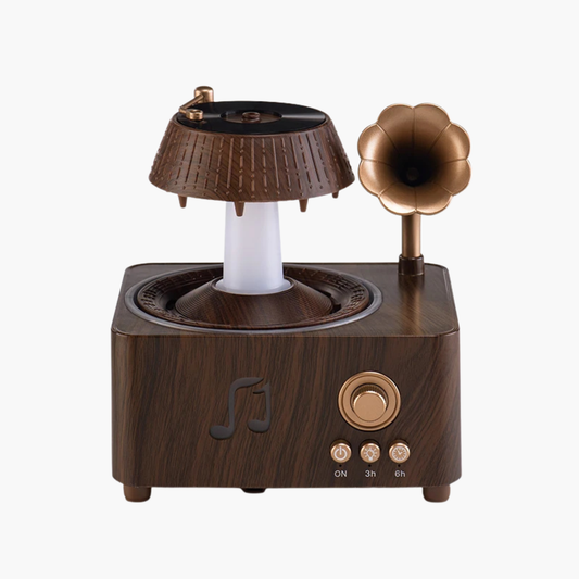 Humidificateur aromathérapie 250ml design gramophone vintage avec éclairage LED 7 couleurs et télécommande
