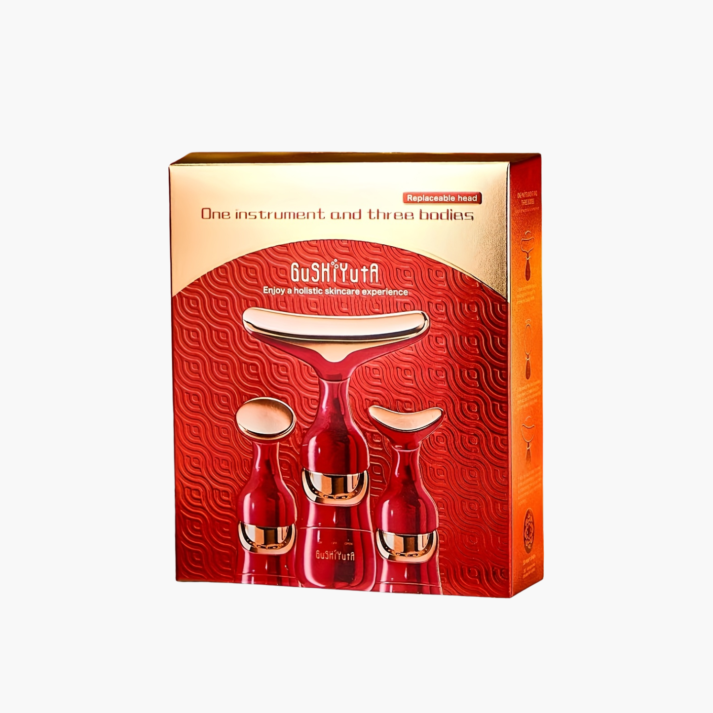 Masseur facial multifonction 4 modes vibration rouge et doré - Appareil de beauté pour visage cou et yeux anti-âge raffermissant
