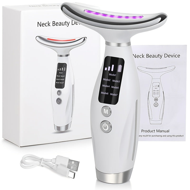 Masseur visage rechargeable USB 7 modes - Appareil soin facial chauffant - Dispositif beauté raffermissant anti-rides
