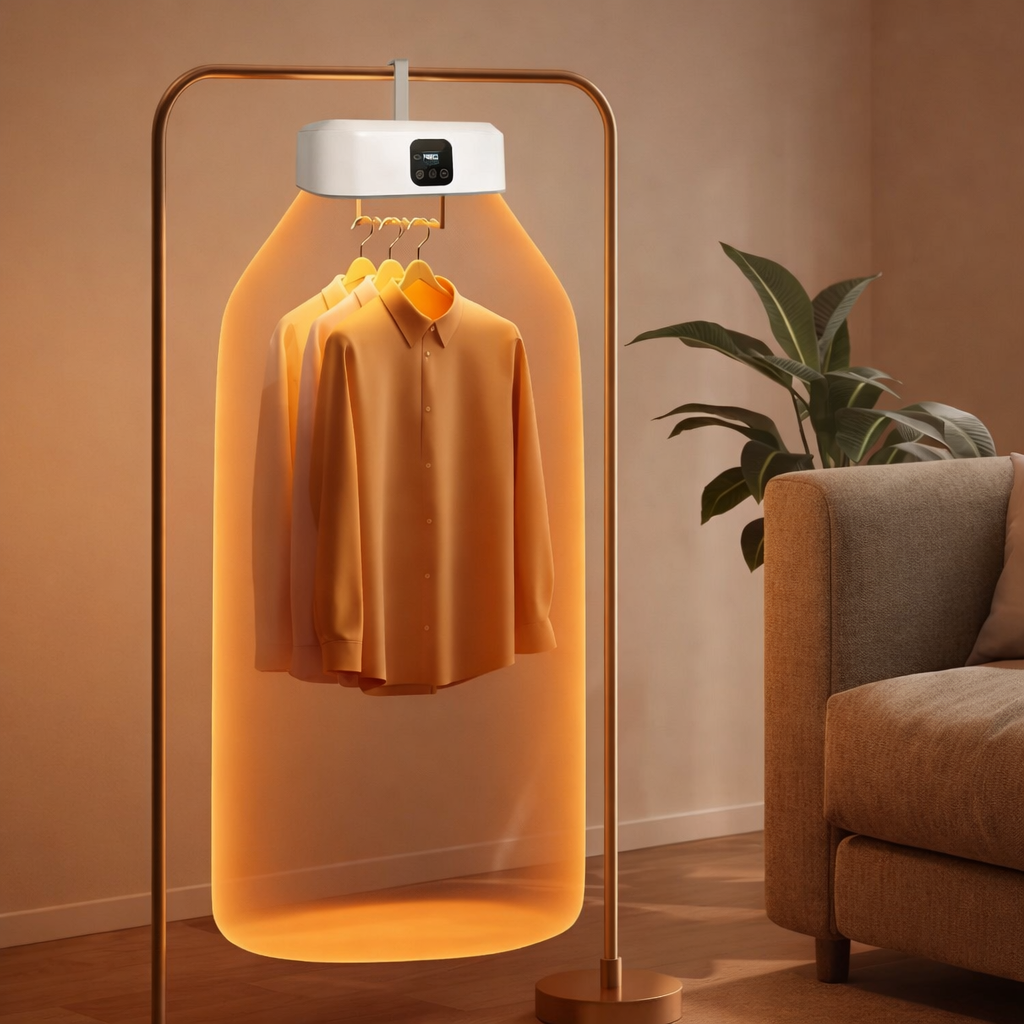 Sèche-linge portable électrique en fonctionnement avec vêtements suspendus séchage rapide
