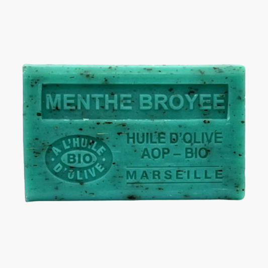 Savon bio artisanal à l'huile d'olive AOP et menthe broyée - Fabrication provençale naturelle 125g
