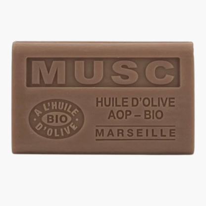 Savon bio huile d'olive AOP parfum musc 125g - Fabrication artisanale Provence saponification à froid hydratant naturel
