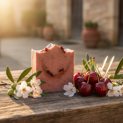 Savon bio huile d'olive AOP parfum cerise sur bois avec cerises fraîches et fleurs de cerisier