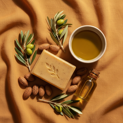 Flat lay savon bio argan avec noix d'argan, huile d'olive AOP et lin ocre, lumière méditerranéenne dorée