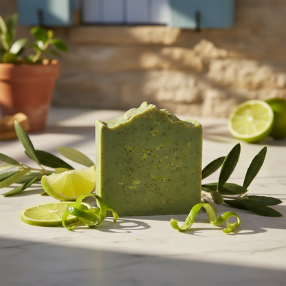 Savon bio huile d'olive AOP parfum citron vert sur marbre avec tranches de citron vert et branches d'olivier