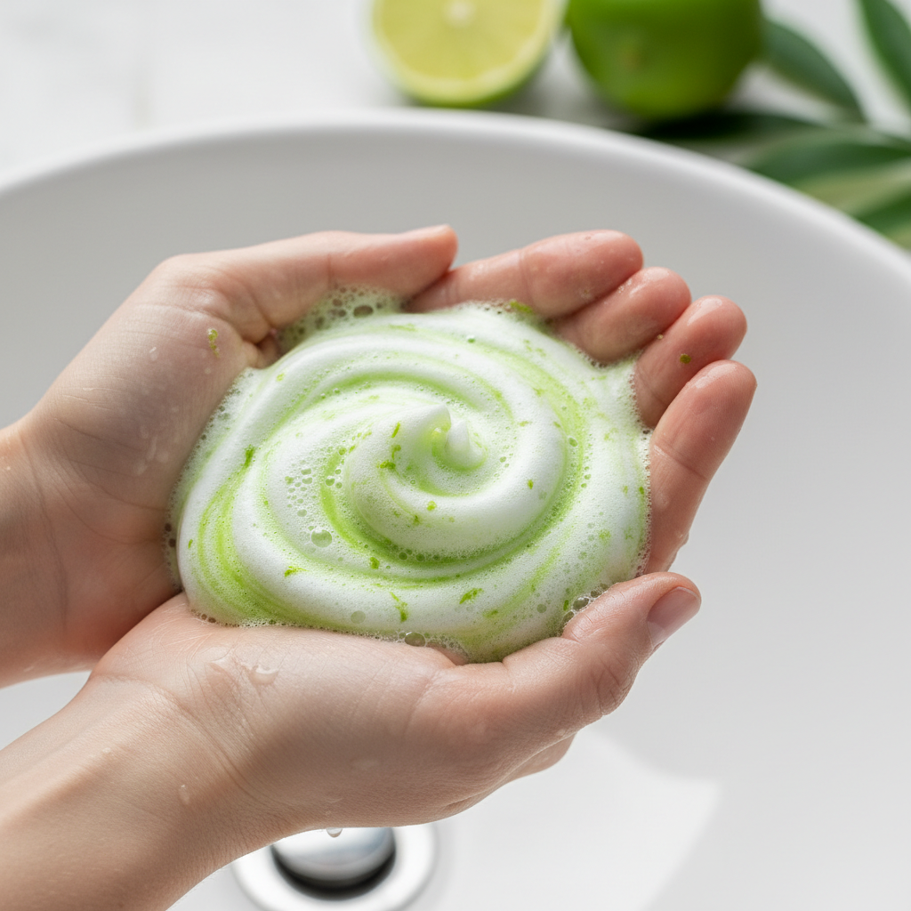 Mousse fraîche et crémeuse du savon bio citron vert et olive sur les mains, tons verts et blancs vivifiants
