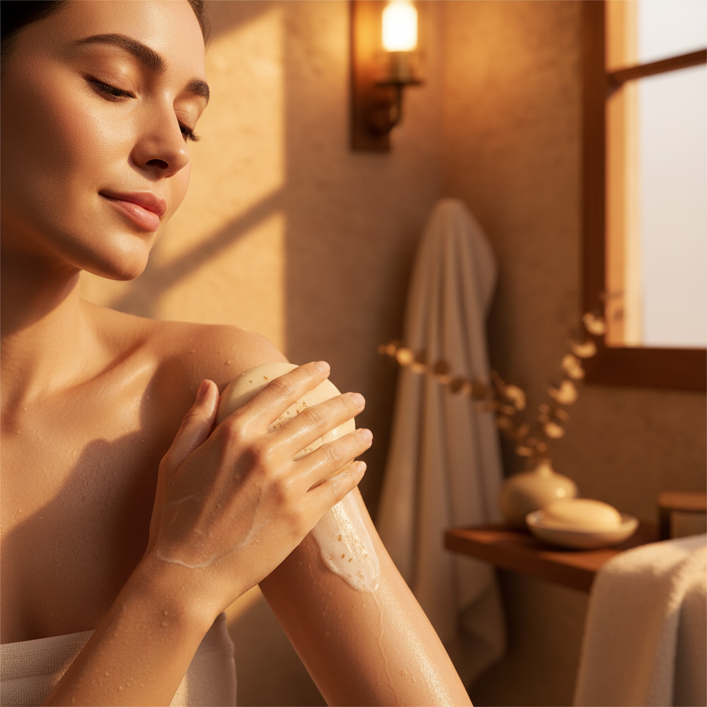 Femme à la peau douce et nourrie utilisant le savon bio amande douce, atmosphère cocooning chaleureuse et apaisante