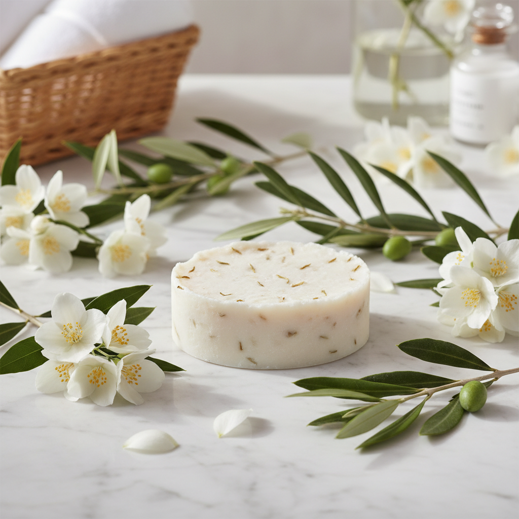 Savon bio huile d'olive AOP parfum jasmin sur marbre avec fleurs de jasmin fraîches et branches d'olivier