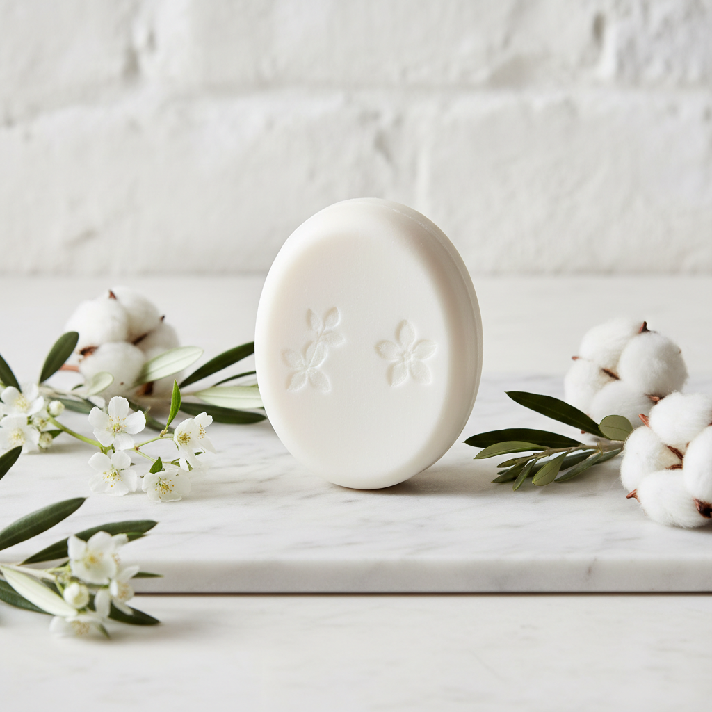 Savon bio huile d'olive AOP parfum musc blanc sur marbre avec fleurs de coton et branches d'olivier, ambiance spa épurée