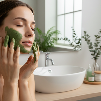 Femme à la peau nette et purifiée utilisant le savon bio argile verte, atmosphère fraîche et purifiante