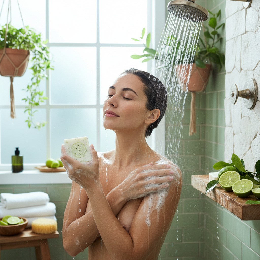 Femme à la peau fraîche et éclatante utilisant le savon bio citron vert sous la douche, atmosphère énergisante