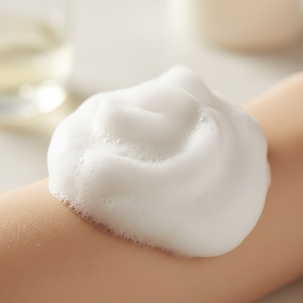 Mousse ultra-crémeuse du savon bio lait de chèvre et olive sur peau sensible, tons crème doux et apaisants