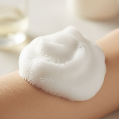 Mousse ultra-crémeuse du savon bio lait de chèvre et olive sur peau sensible, tons crème doux et apaisants
