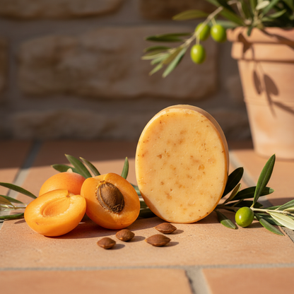 Savon exfoliant bio huile d'olive AOP et abricot sur terracotta avec abricots frais et noyaux, lumière dorée
