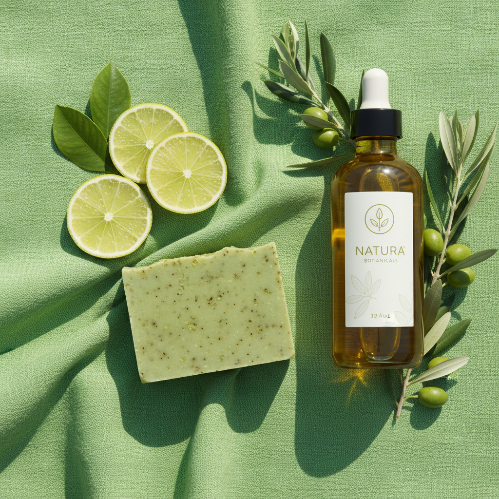 Flat lay savon bio citron vert avec tranches fraîches, huile d'olive AOP et lin vert, lumière naturelle méditerranéenne