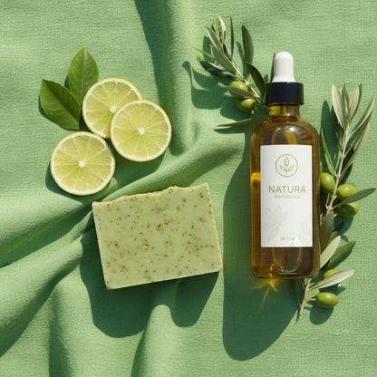 Flat lay savon bio citron vert avec tranches fraîches, huile d'olive AOP et lin vert, lumière naturelle méditerranéenne