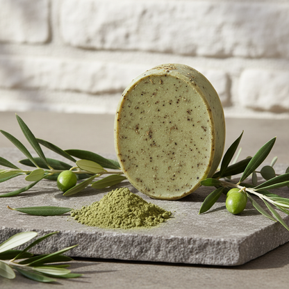 Savon bio huile d'olive AOP argile verte sur pierre avec poudre d'argile et branches d'olivier, atmosphère purifiante
