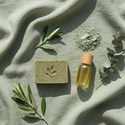 Flat lay savon bio argile verte avec poudre d'argile, huile d'olive AOP et feuilles vertes sur lin sauge