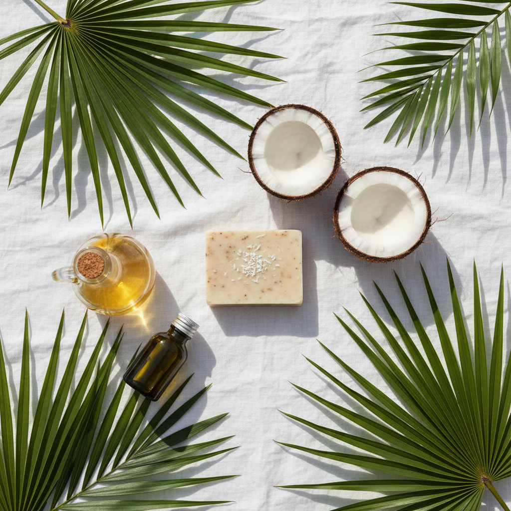 Flat lay savon bio noix de coco avec noix de coco fraîches, huile d'olive AOP et lin blanc, lumière tropicale