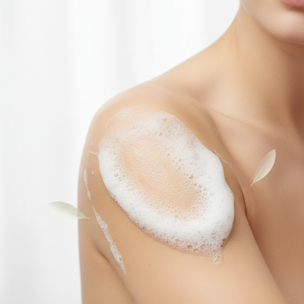 Mousse crémeuse et onctueuse du savon bio musc blanc sur peau douce, tons blancs épurés, ambiance premium