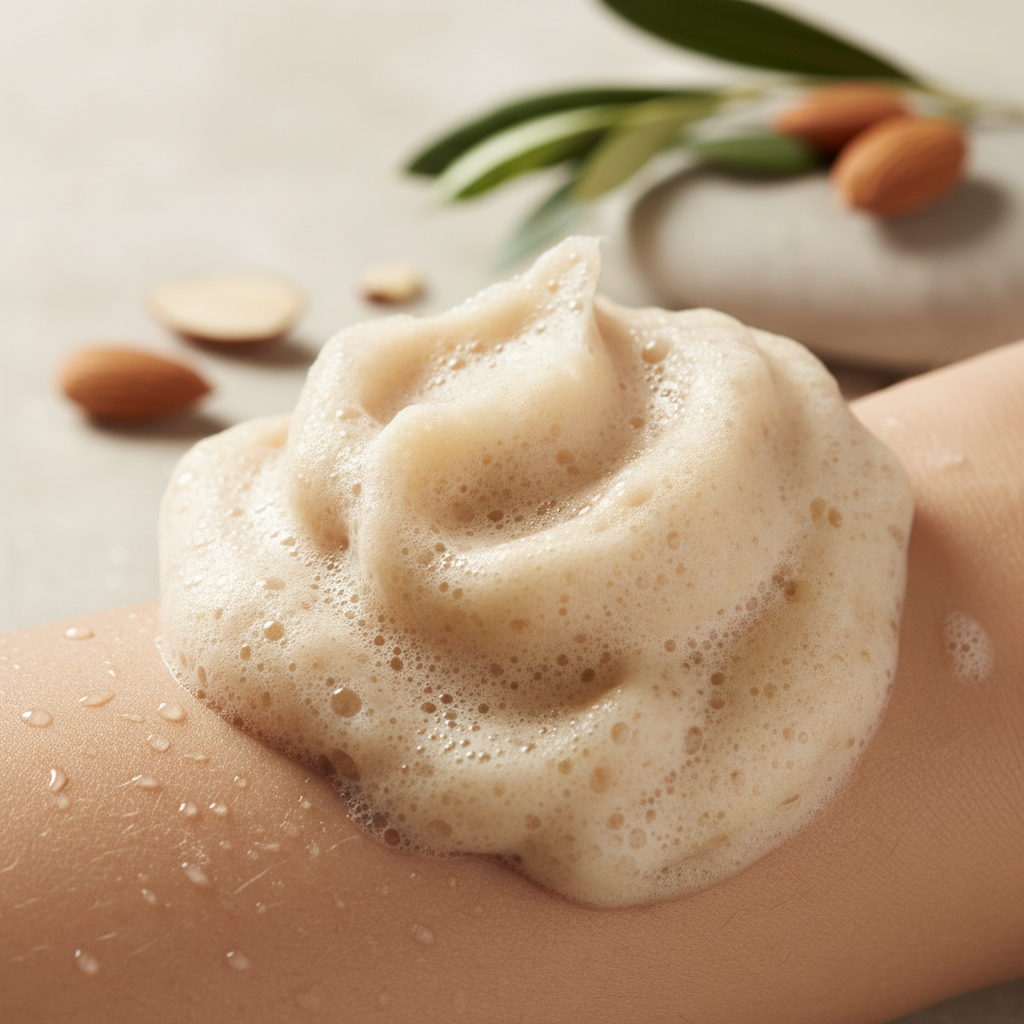 Mousse crémeuse et enveloppante du savon bio amande douce et olive sur peau, tons beige chauds et réconfortants