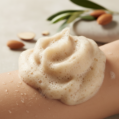 Mousse crémeuse et enveloppante du savon bio amande douce et olive sur peau, tons beige chauds et réconfortants