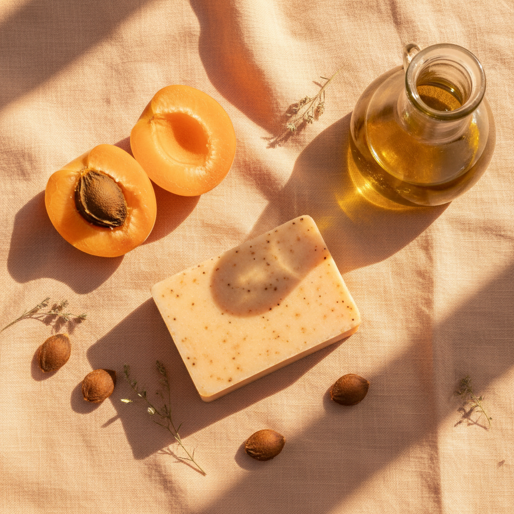 Flat lay savon exfoliant bio abricot avec abricots frais, noyaux broyés et huile d'olive AOP sur lin pêche