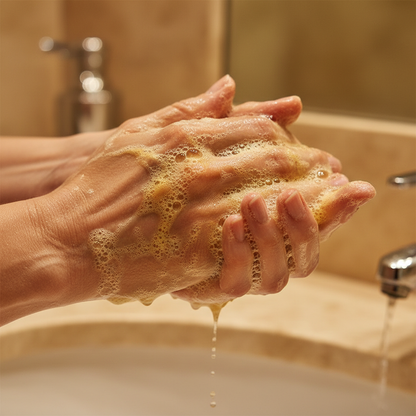 Mousse riche et crémeuse du savon bio argan et olive sur les mains, tons dorés chauds, ambiance anti-âge luxe