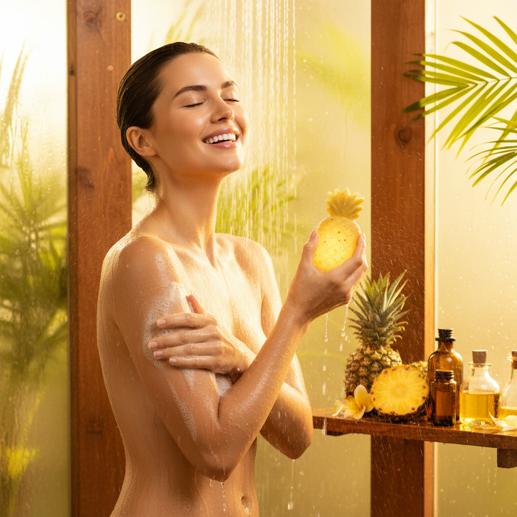 Femme à la peau douce et lumineuse utilisant le savon bio ananas sous la douche, atmosphère tropicale et joyeuse