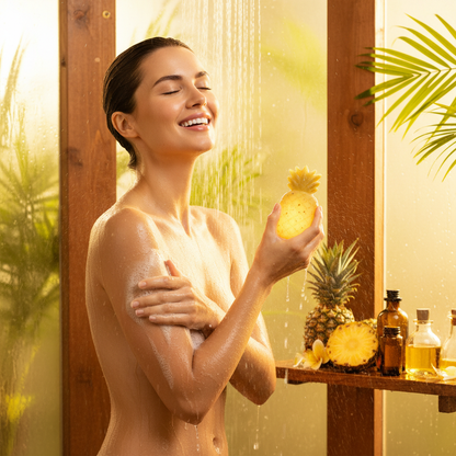 Femme à la peau douce et lumineuse utilisant le savon bio ananas sous la douche, atmosphère tropicale et joyeuse