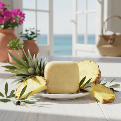 Savon bio huile d'olive AOP parfum ananas sur surface ensoleillée avec tranches d'ananas et feuilles tropicales
