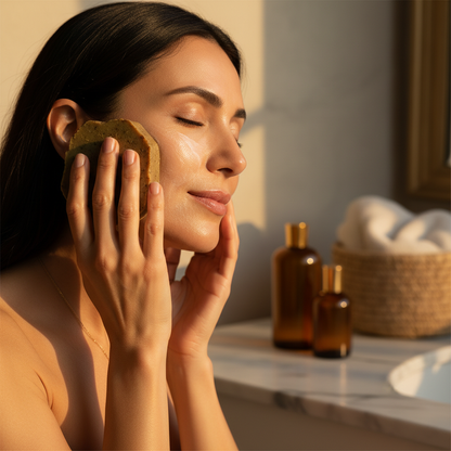 Femme à la peau rayonnante utilisant le savon bio argan et olive, lumière dorée, atmosphère luxe anti-âge