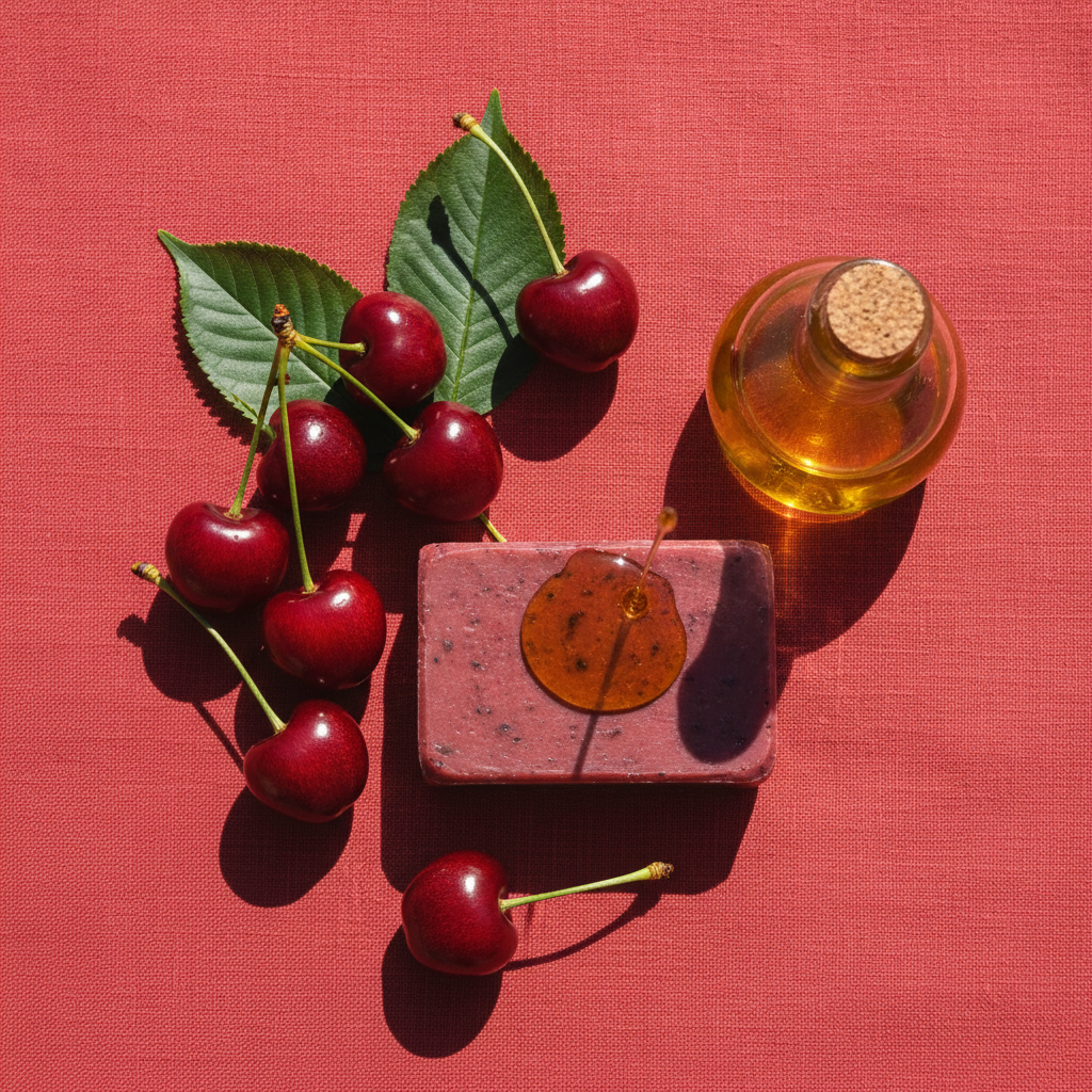 Flat lay savon bio cerise avec cerises fraîches, feuilles et huile d'olive AOP sur lin rouge