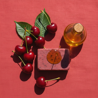 Flat lay savon bio cerise avec cerises fraîches, feuilles et huile d'olive AOP sur lin rouge