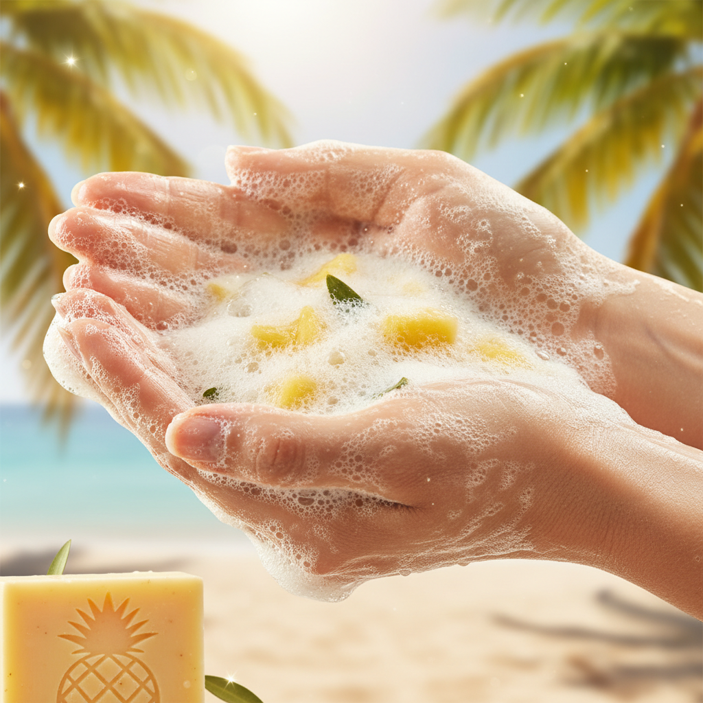Mousse crémeuse et dorée du savon bio ananas et olive sur les mains, tons jaunes chauds, atmosphère tropicale