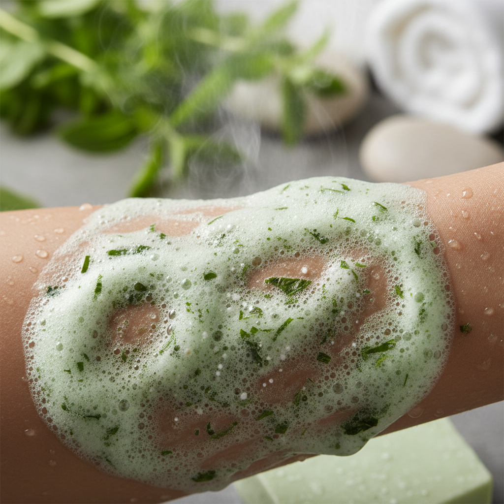 Mousse naturelle du savon bio menthe broyée avec particules vertes visibles sur peau, effet fraîcheur
