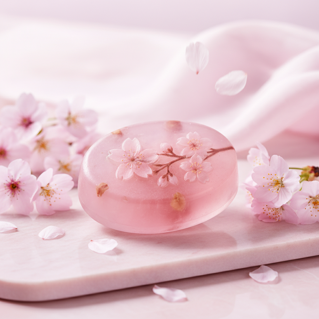 Savon nettoyant K-Beauty fleur de cerisier sakura sur marbre rose avec pétales frais, esthétique japonaise premium