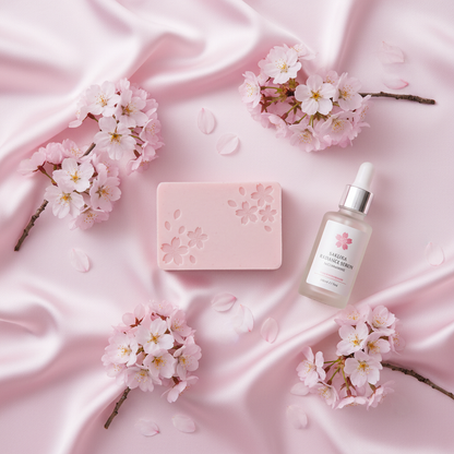 Flat lay savon K-Beauty fleur de cerisier avec fleurs de sakura fraîches et soie rose, esthétique minimaliste japonaise