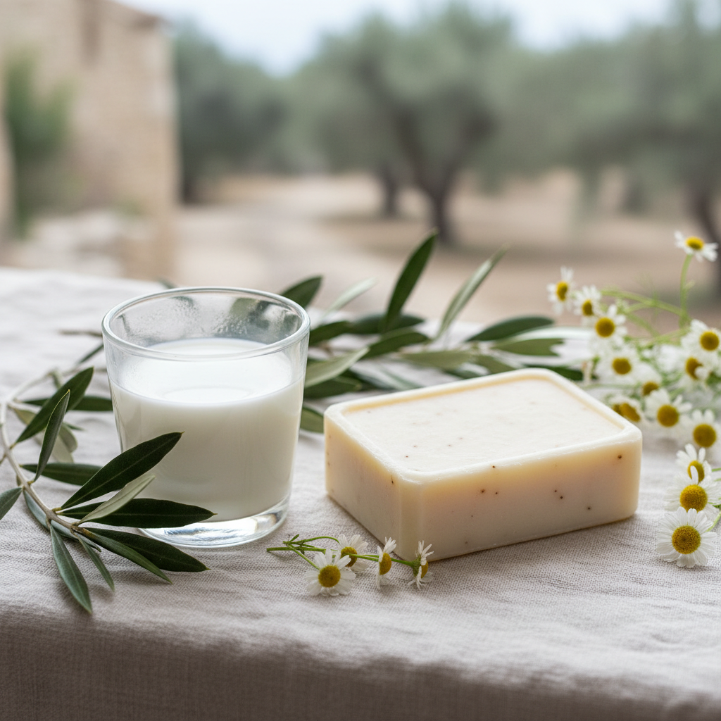 Savon bio huile d'olive AOP et lait de chèvre sur lin avec verre de lait frais, fleurs blanches et branches d'olivier