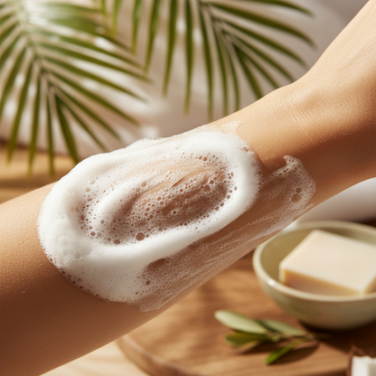 Mousse blanche crémeuse du savon bio noix de coco et olive sur peau, tons blancs et chauds, atmosphère tropicale