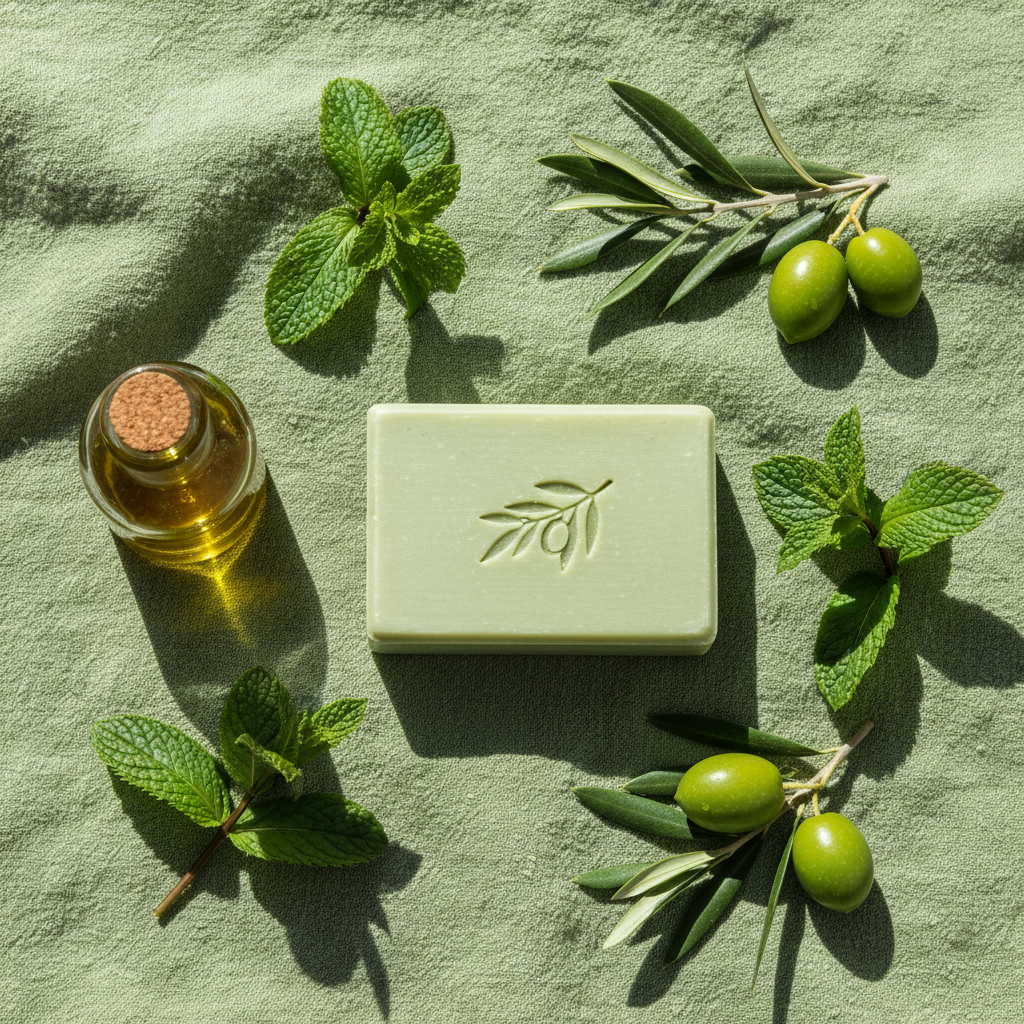 Flat lay savon bio menthe avec feuilles fraîches, huile d'olive et lin vert, lumière naturelle méditerranéenne