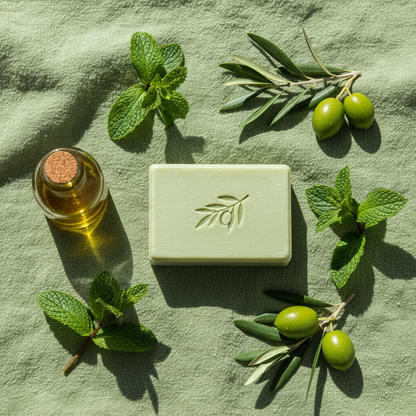 Flat lay savon bio menthe avec feuilles fraîches, huile d'olive et lin vert, lumière naturelle méditerranéenne