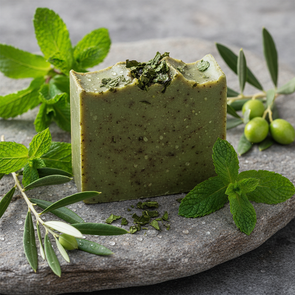 Savon bio huile d'olive AOP menthe broyée sur pierre avec feuilles de menthe fraîches et branches d'olivier