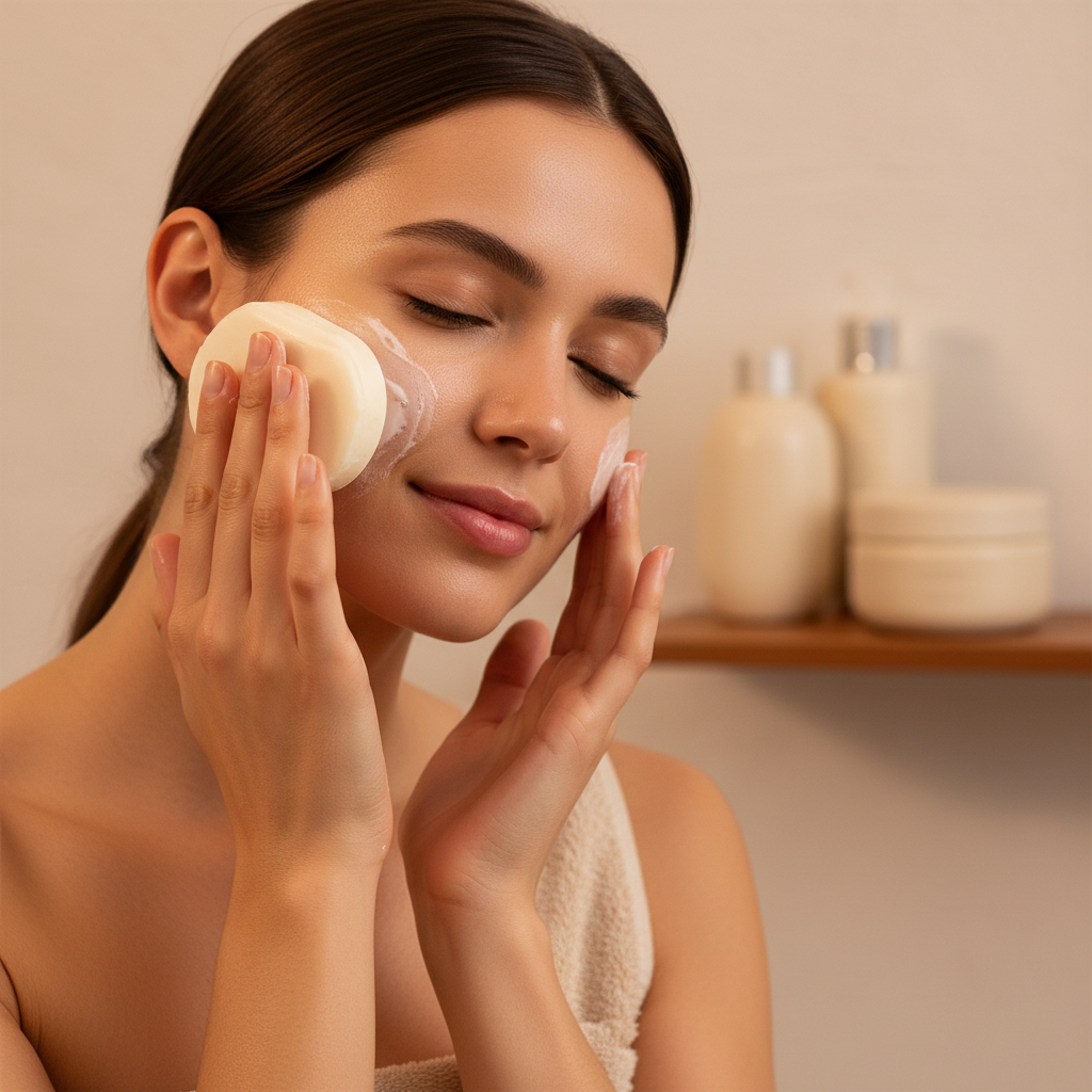 Femme à la peau douce et apaisée utilisant le savon bio lait de chèvre, atmosphère bien-être tendre et naturelle