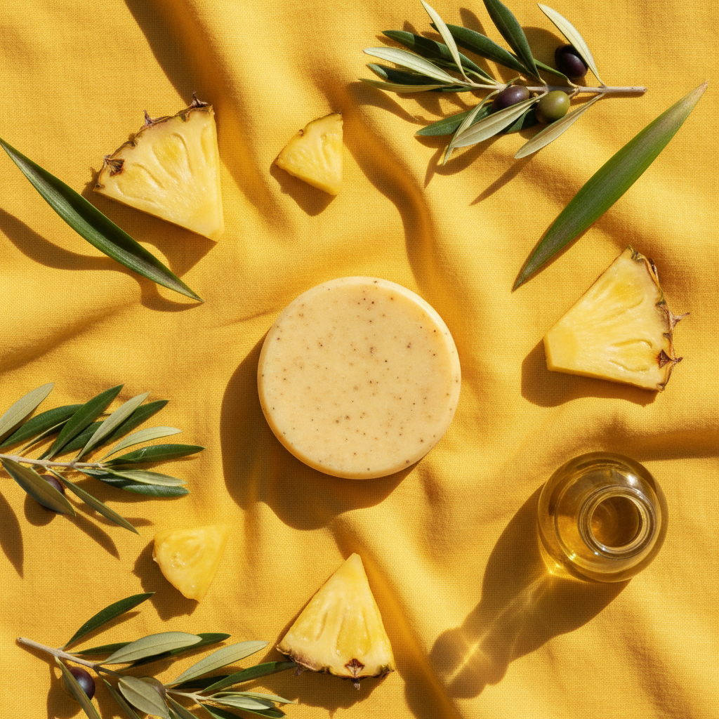 Flat lay savon bio ananas avec morceaux d'ananas frais, feuilles tropicales et huile d'olive sur lin jaune